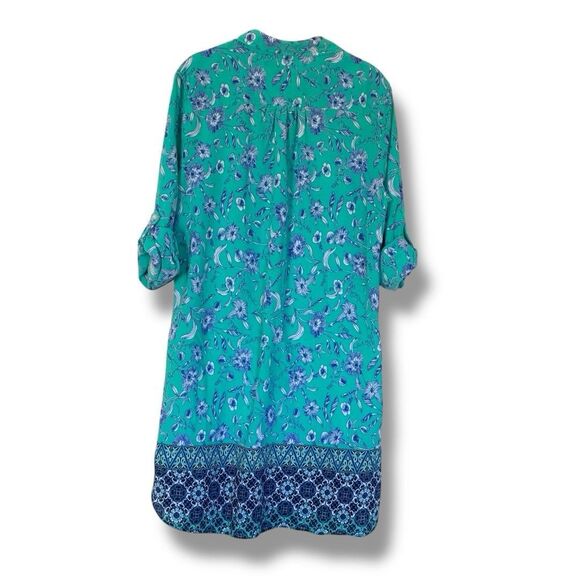 Lands End Women’s Button Cover Up Shirt Dress Roll Tab Sleeve Teal Floral M - Picture 2 of 9